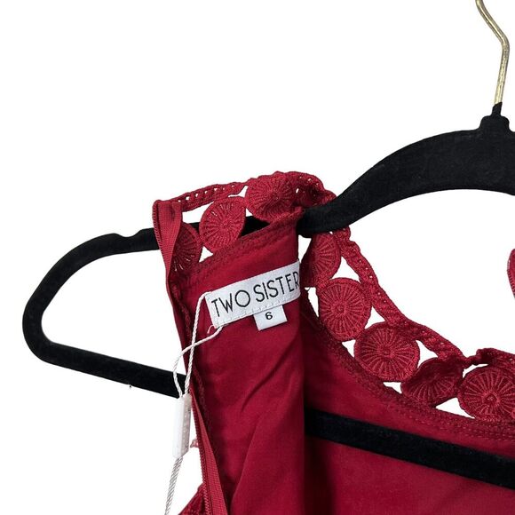 Two Sisters Womens Sheath Halter Dress Lace Eyelet Ruffled Hem Lined Zip Red 6 - Picture 5 of 6